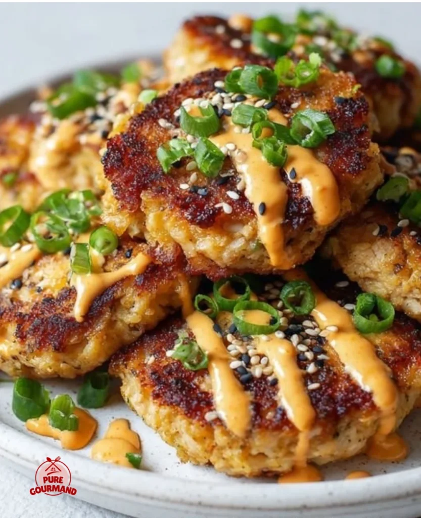 Deliciously plated Asian tuna cakes ready to be served.