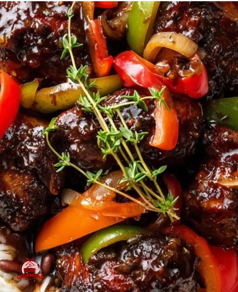 Delicious plate of Jamaican Brown Stew Chicken garnished with fresh herbs