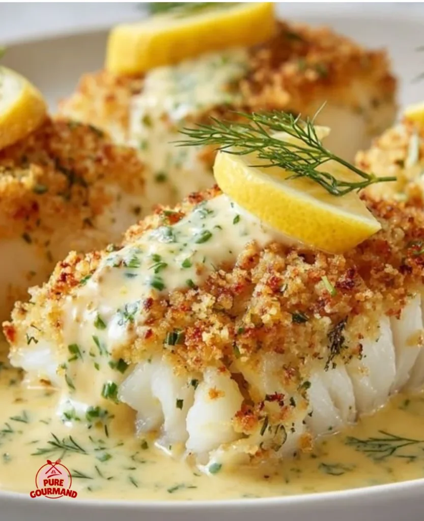 Delicious flaky baked cod served with herbs and lemon