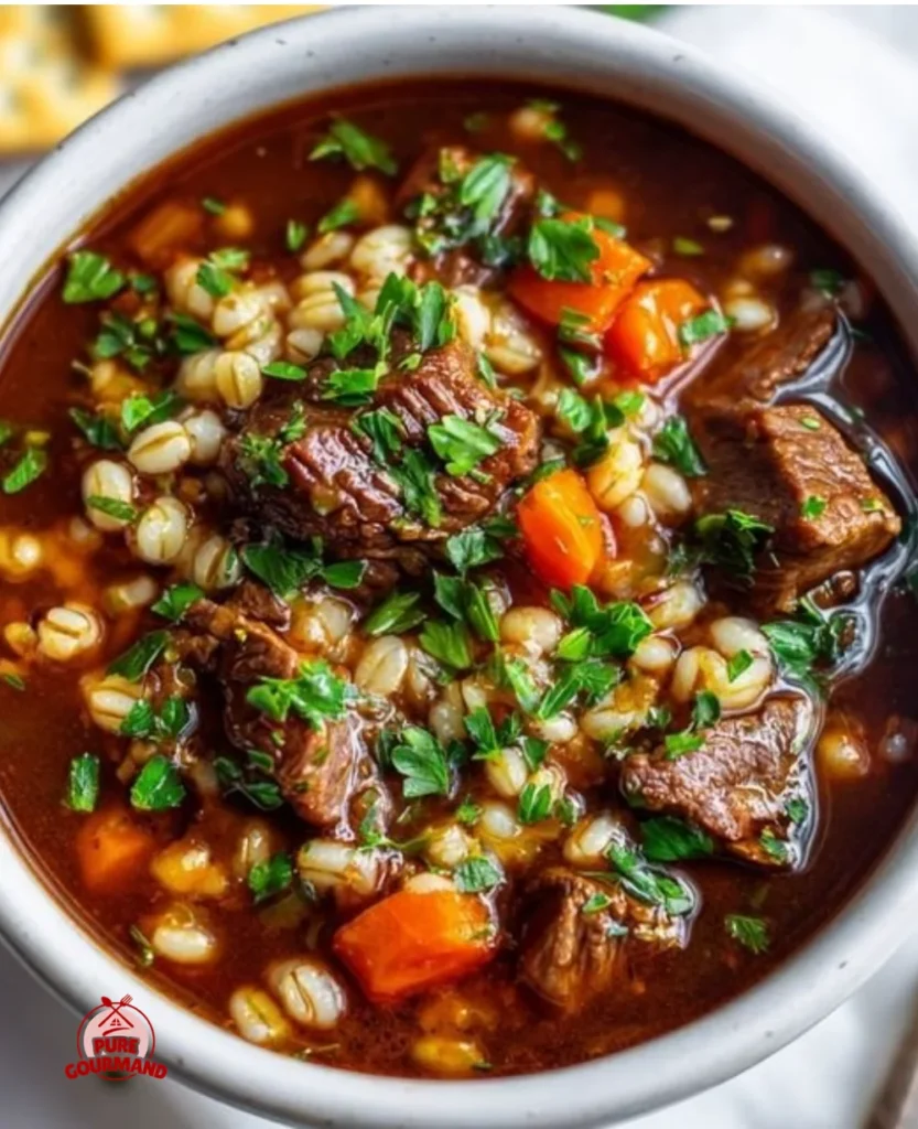 Bowl of beef barley vegetable soup, a comforting and hearty recipe.