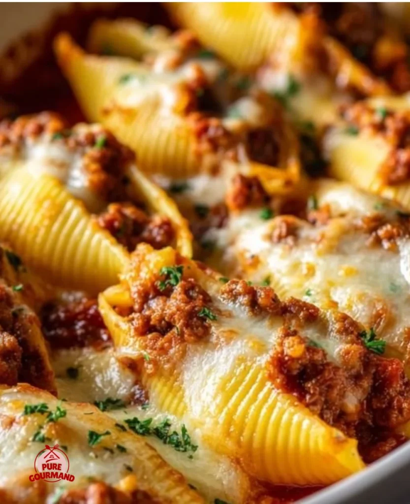 Delicious beef stuffed shells topped with marinara sauce and cheese