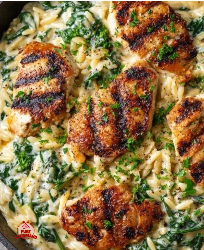 Boursin Chicken Orzo served in a bowl with fresh herbs and ingredients visible