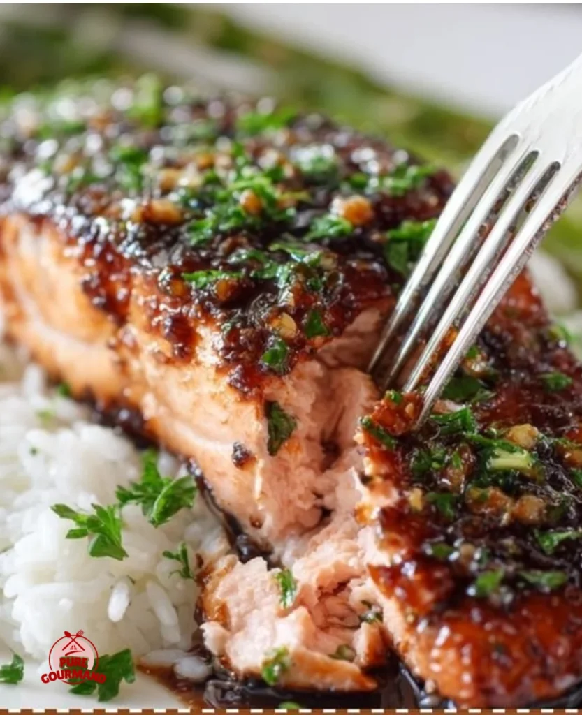 Delicious brown sugar glazed salmon fillet on a plate garnished with herbs