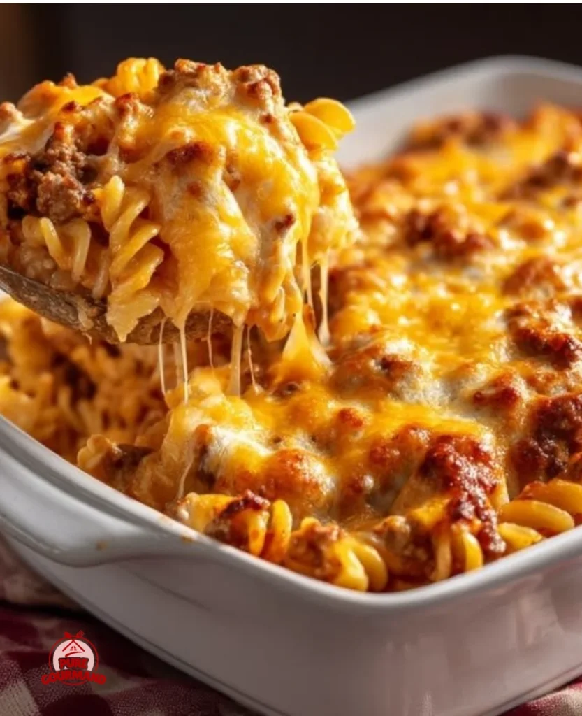 A delicious serving of cheeseburger pasta casserole topped with melted cheese and herbs.