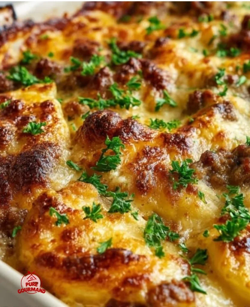 Delicious Cheesy Hamburger Potato Casserole topped with melted cheese and served in a baking dish