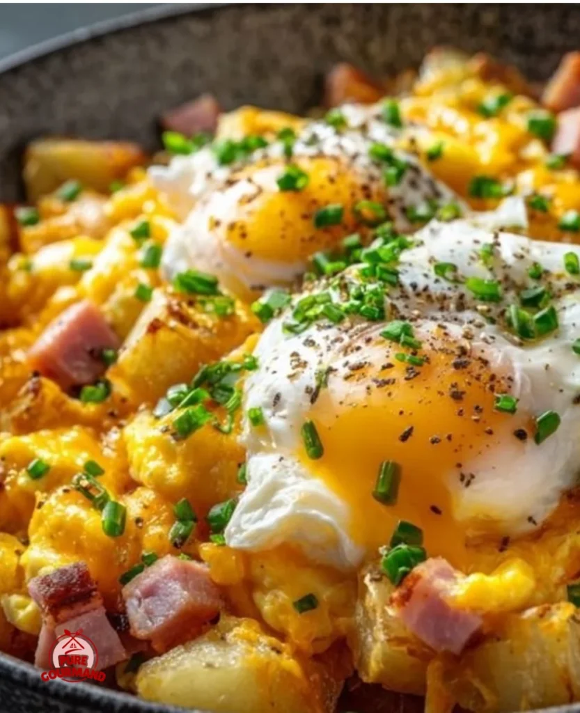 Cheesy potato egg scramble served in a skillet, a perfect one-pan breakfast dish