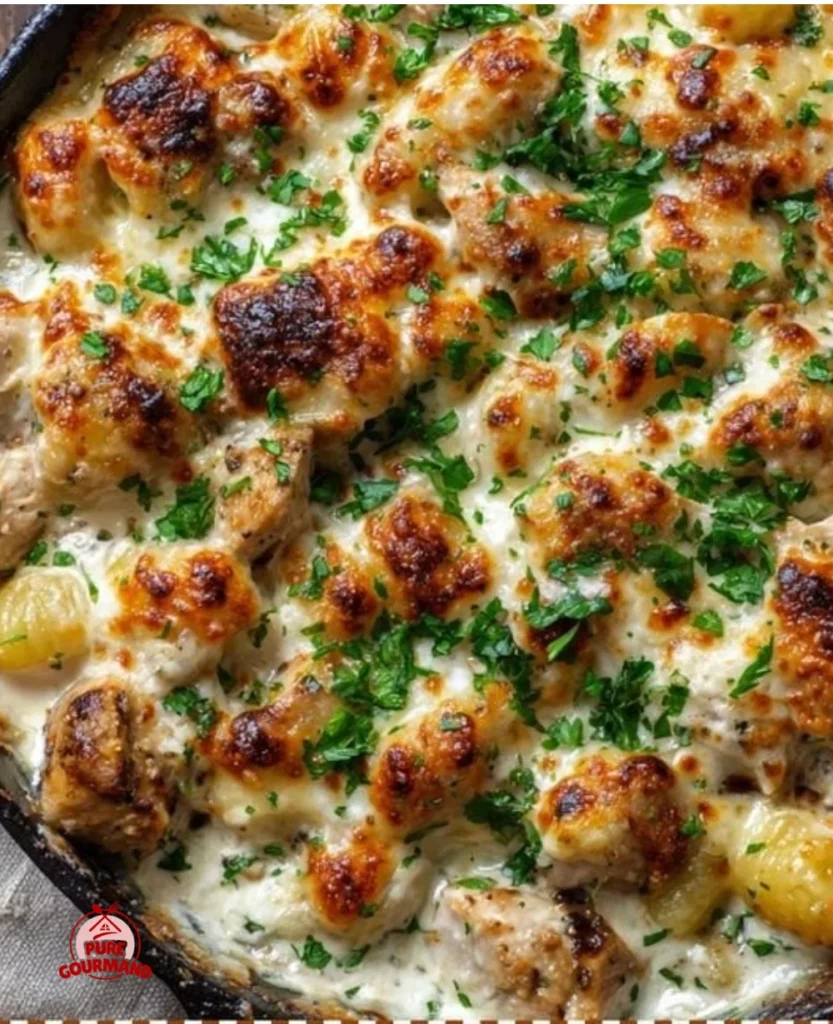 Delicious Chicken Alfredo Gnocchi Bake with creamy sauce and tender chicken