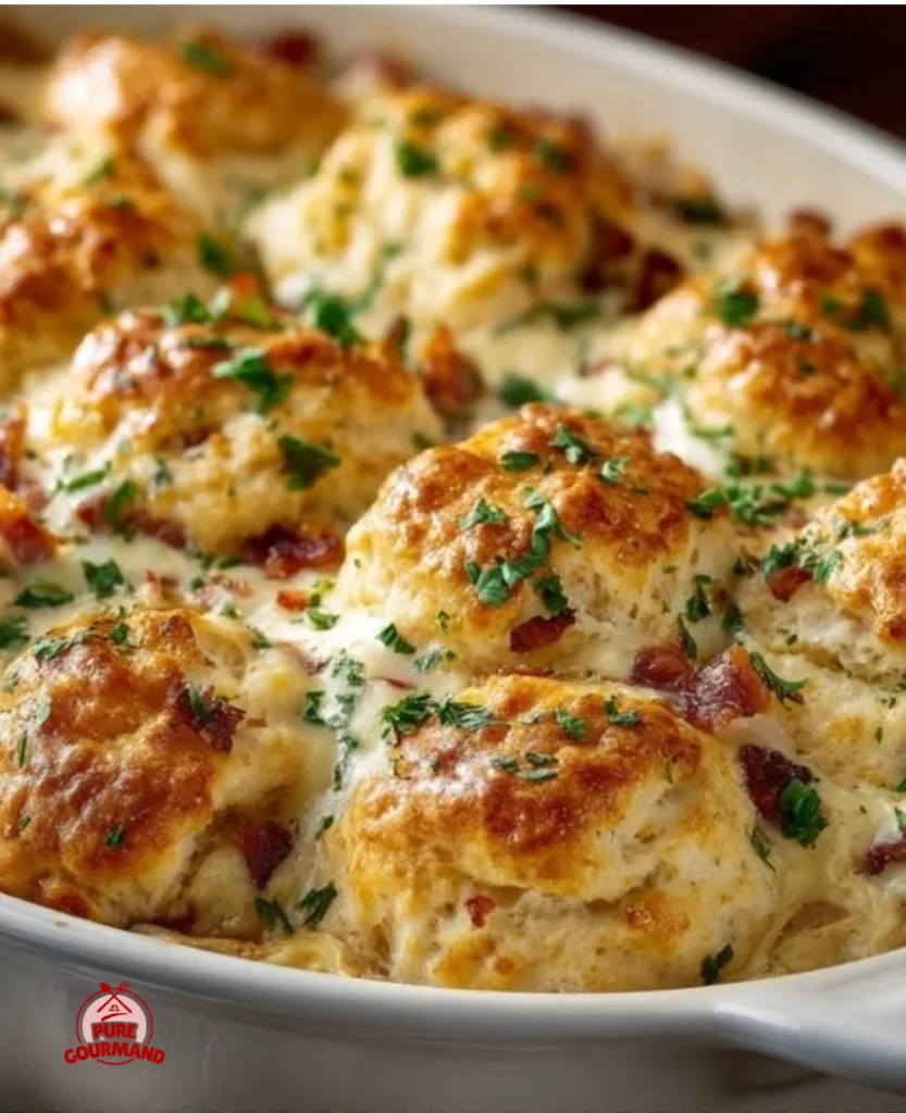 Delicious chicken biscuit casserole topped with golden biscuits and creamy sauce