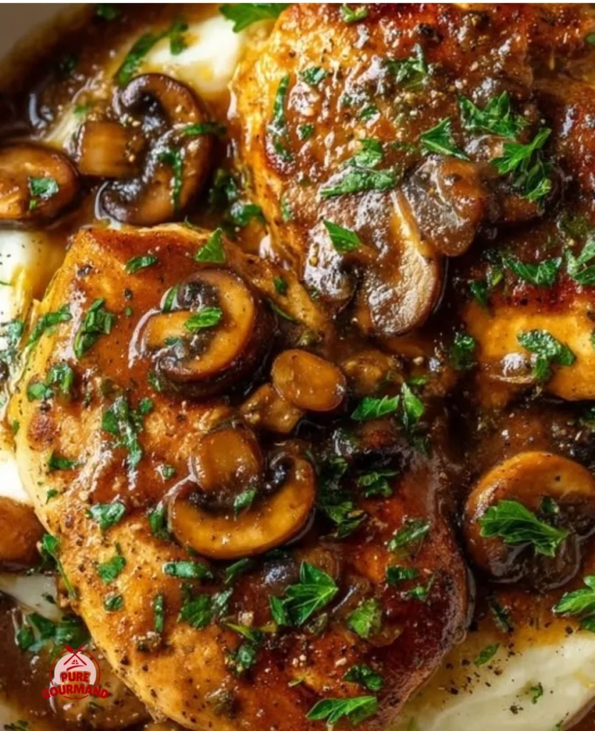 Delicious Chicken Marsala served with mushrooms and wine sauce