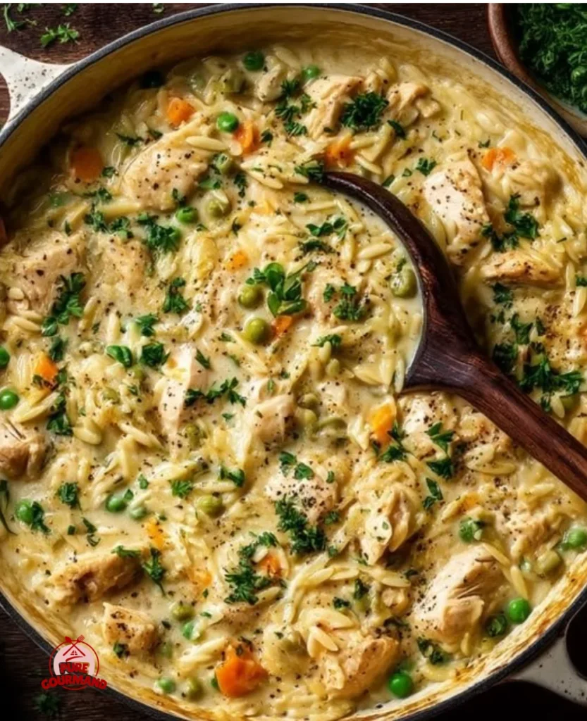 Creamy Chicken Pot Pie Orzo recipe served in a bowl with fresh herbs.