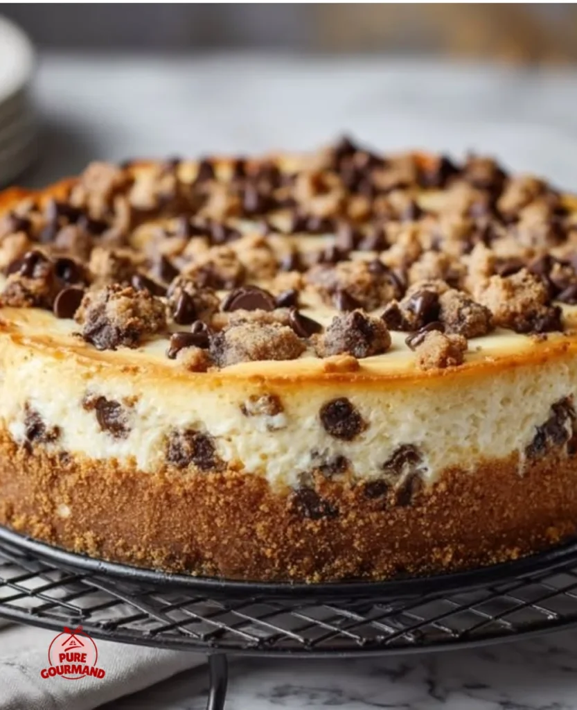 Delicious chocolate chip cookie dough cheesecake slice on a plate