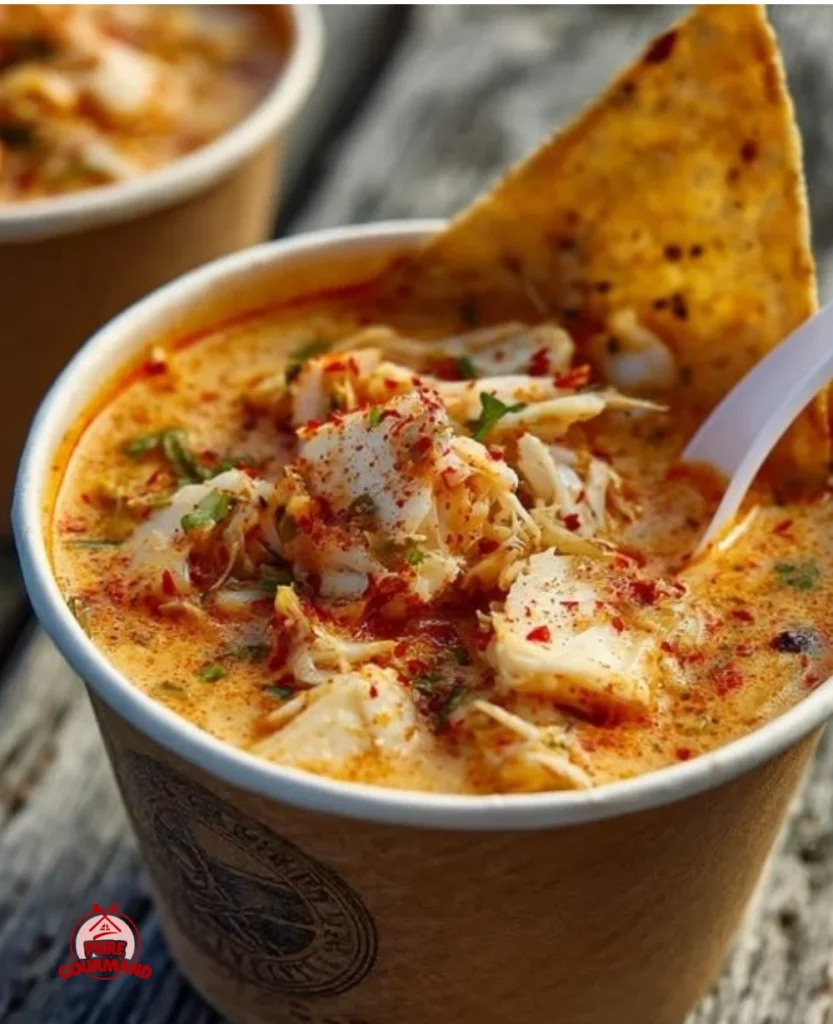 Delicious creamy crab stew served in a bowl with fresh herbs