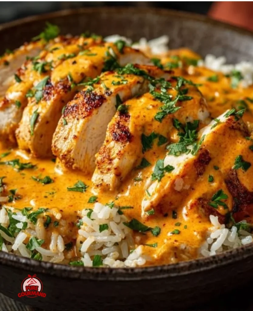 Delicious creamy Cajun chicken served on a plate with herbs and spices