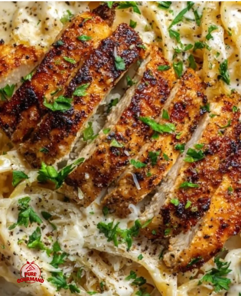 Creamy dairy-free Chicken Alfredo dish served in a bowl
