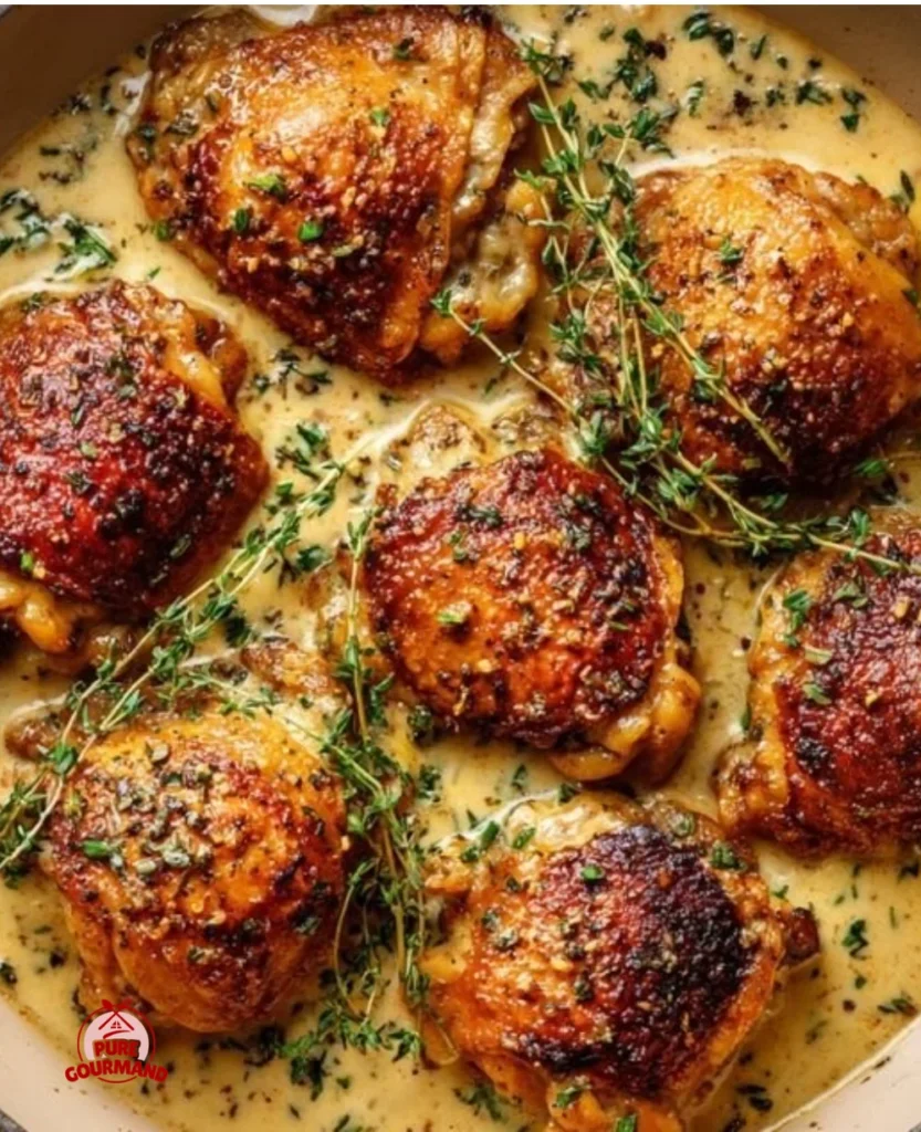 Delicious creamy garlic chicken thighs served in a restaurant-style presentation
