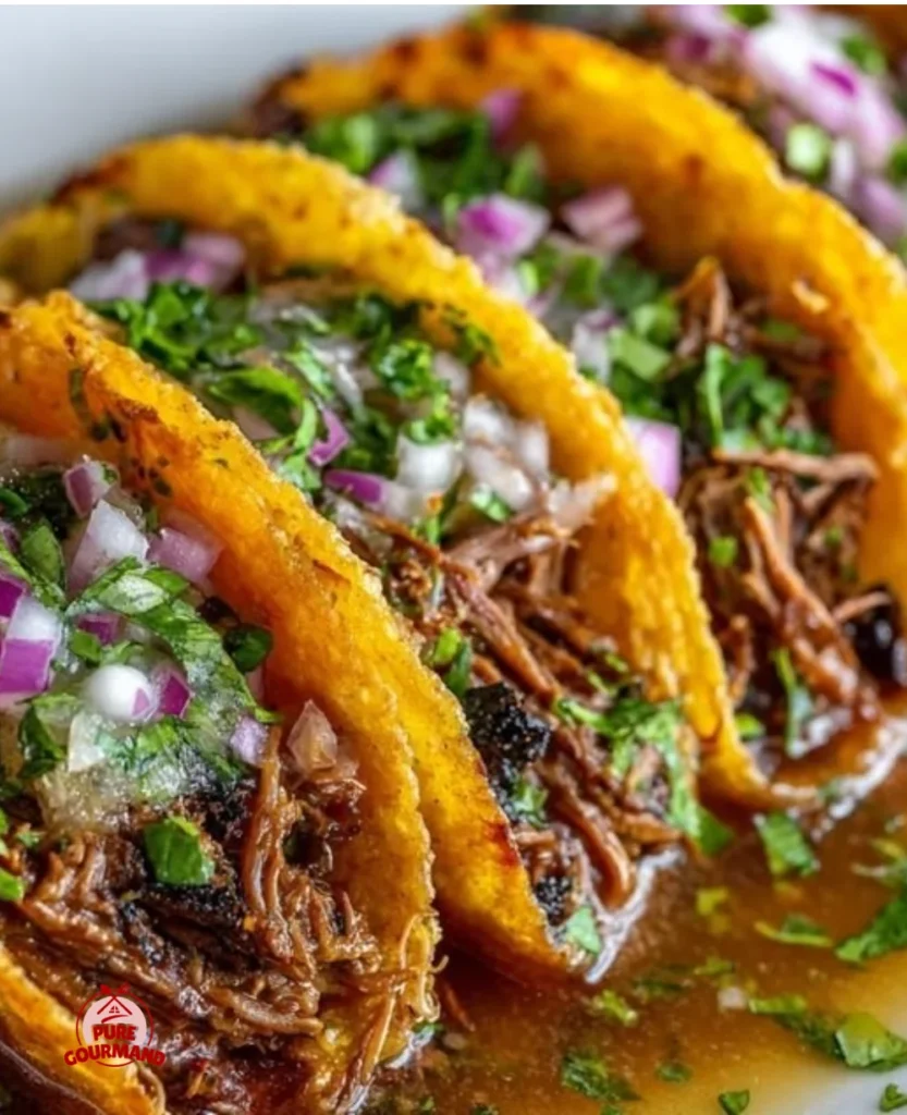 Delicious Crock Pot Birria Tacos served with garnishes and dipping sauce