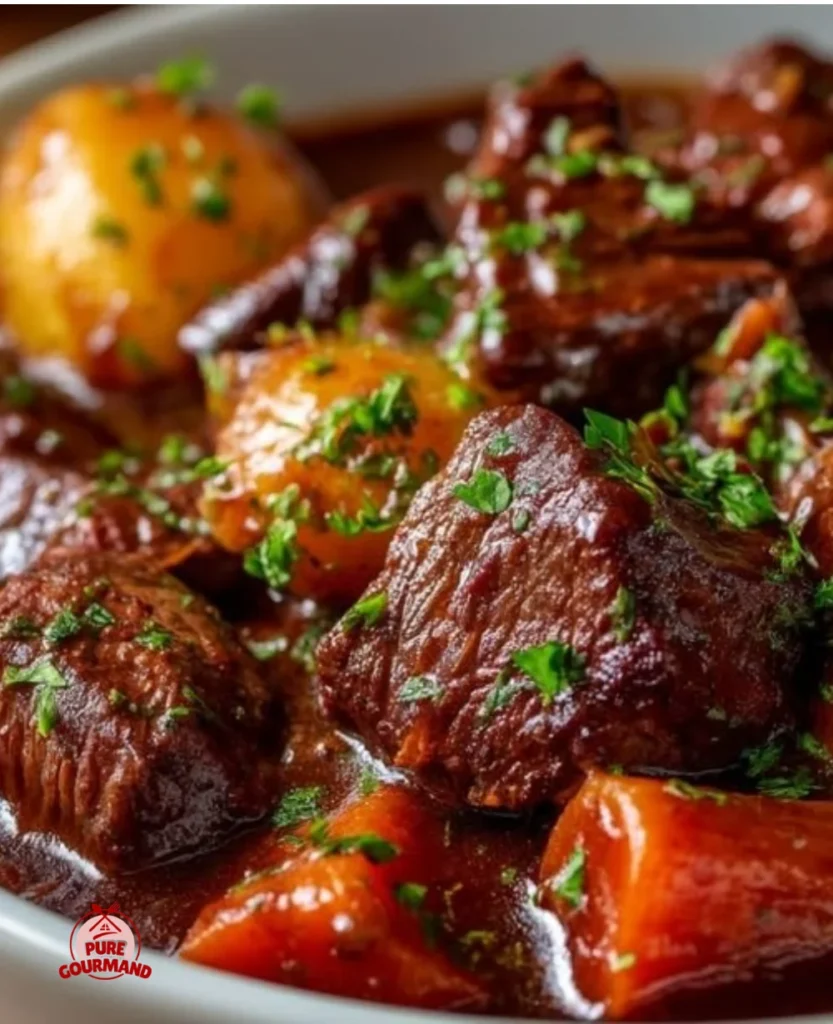 Crockpot Beef Stew served in a bowl with fresh herbs
