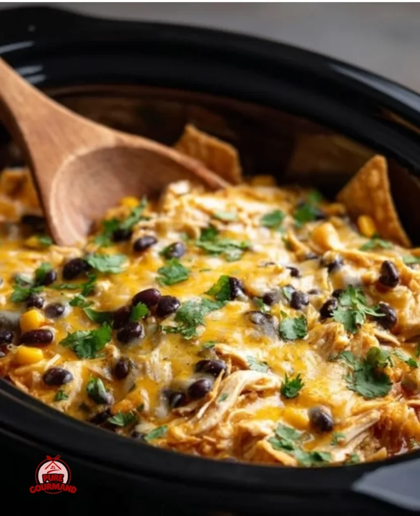 Easy Crockpot Chicken Enchilada Casserole served in a dish with toppings