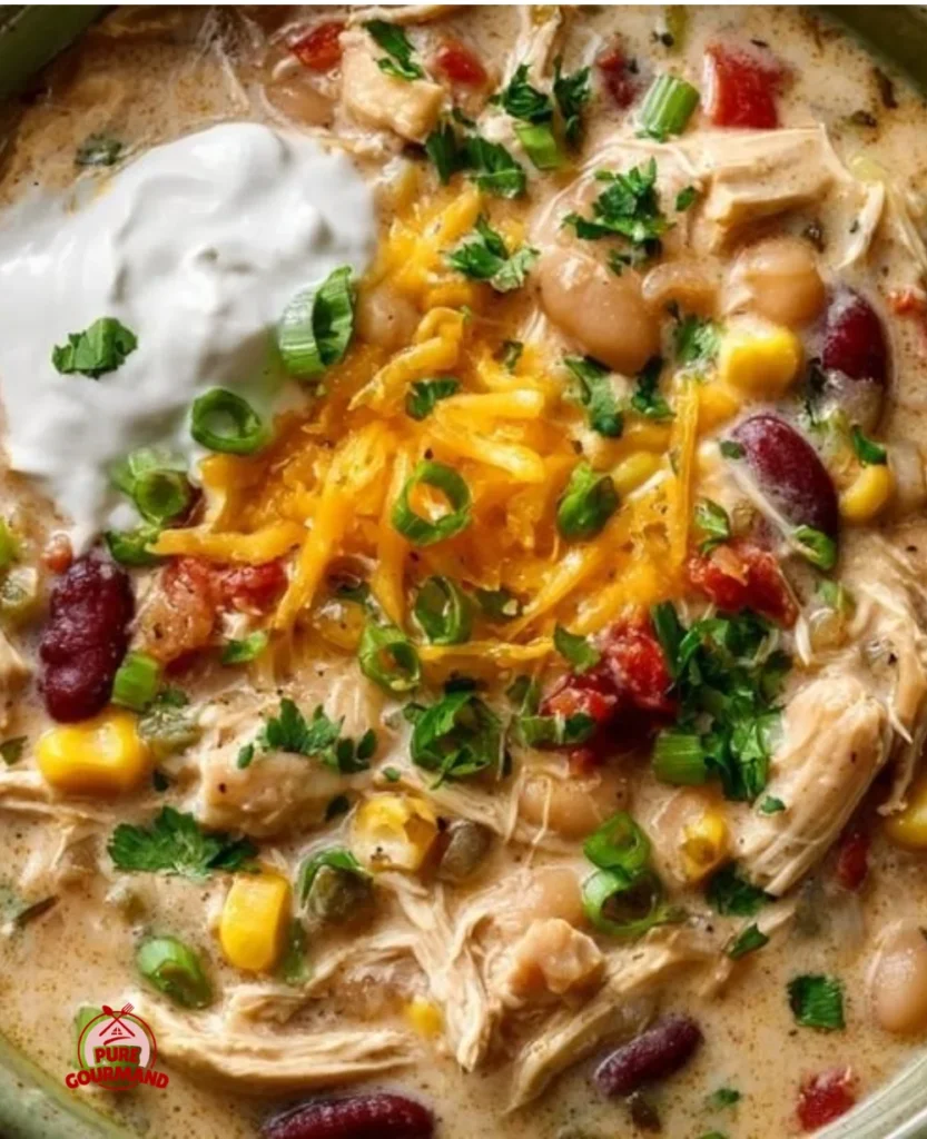 Crockpot Cream Cheese Chicken Chili in a bowl, garnished with herbs