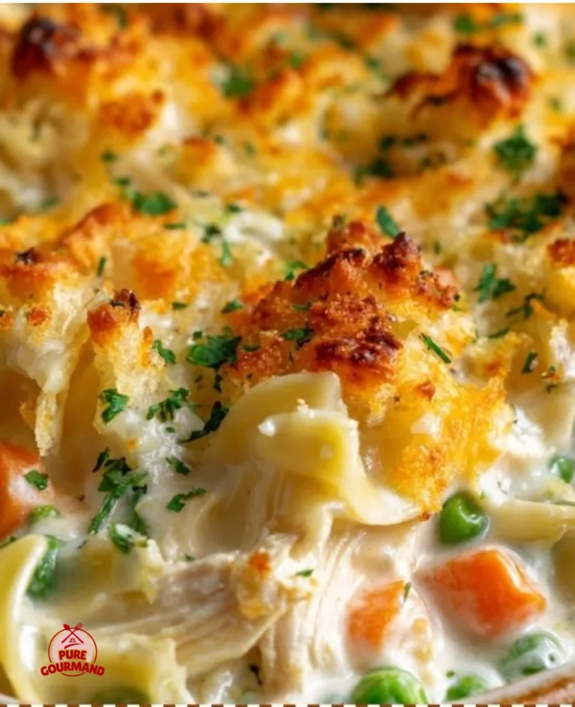 Creamy chicken noodle casserole served in a baking dish, garnished with herbs.