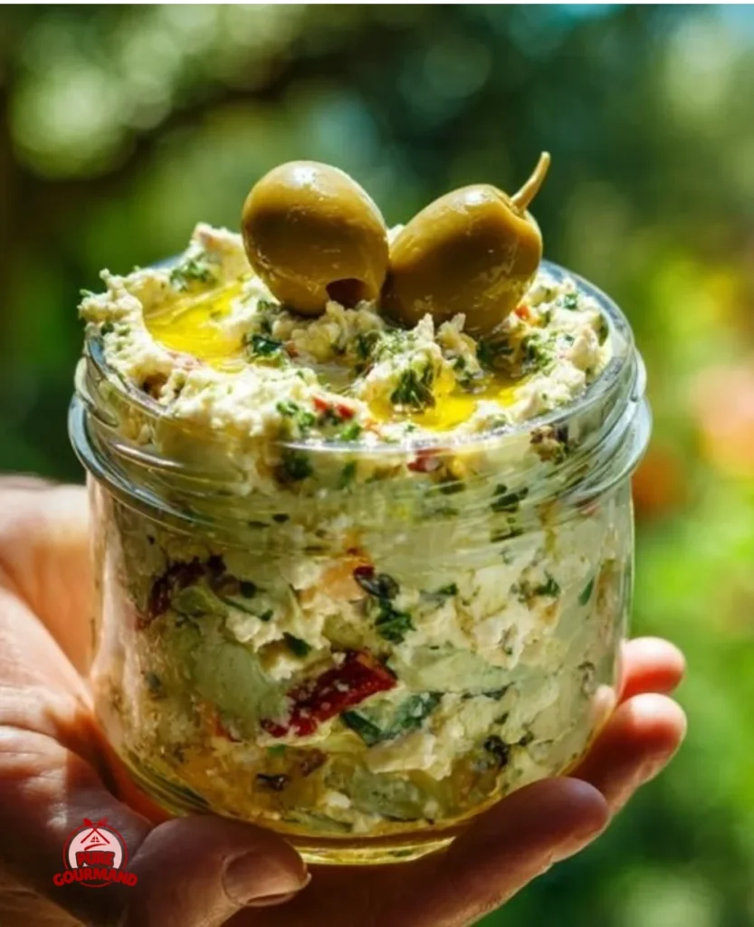 Creamy Feta and Olive Dip served with vegetables and crackers.
