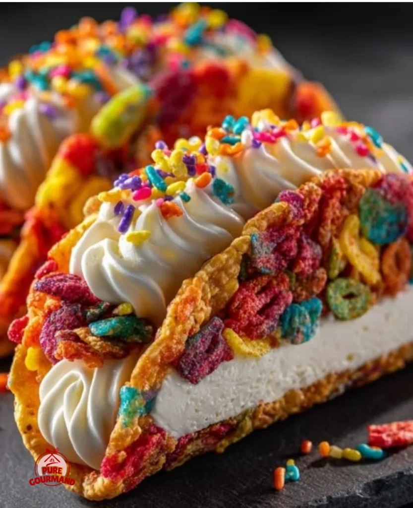 Fruity Pebbles Cheesecake Tacos served on a plate for a colorful, no-bake dessert.