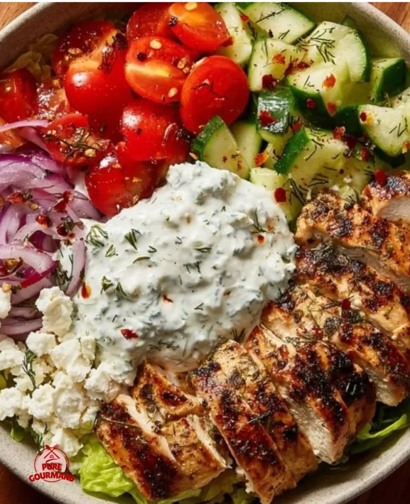 A delicious Greek Chicken Bowl with fresh ingredients and vibrant colors.