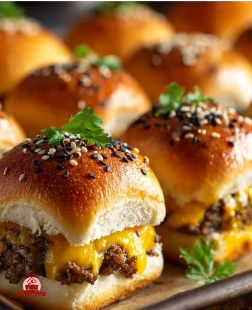 Hawaiian Roll Cheeseburger Sliders served on a platter at a party
