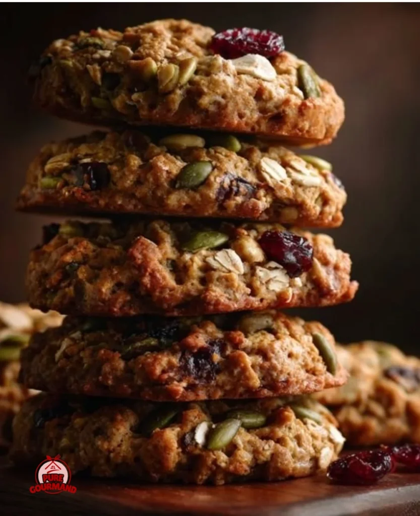Healthy nut and seed energy cookies stacked on a plate