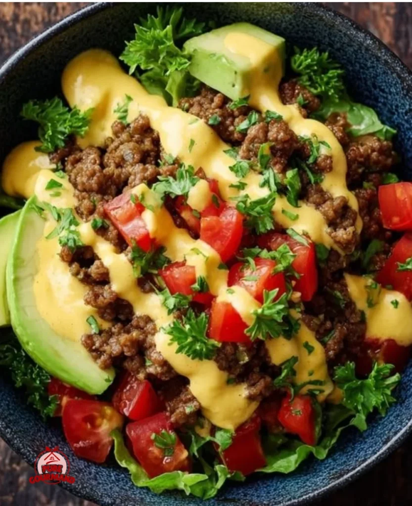 High-protein cheeseburger bowls with fresh ingredients and toppings