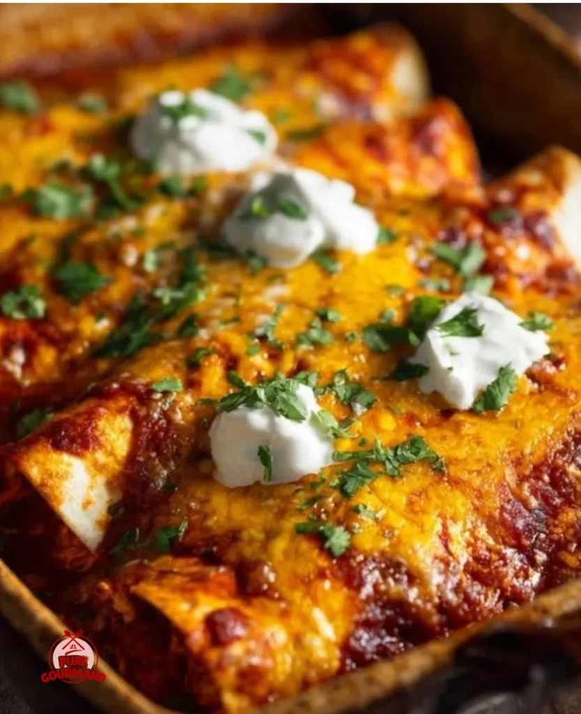 Delicious high protein chicken enchiladas topped with cheese and fresh ingredients.