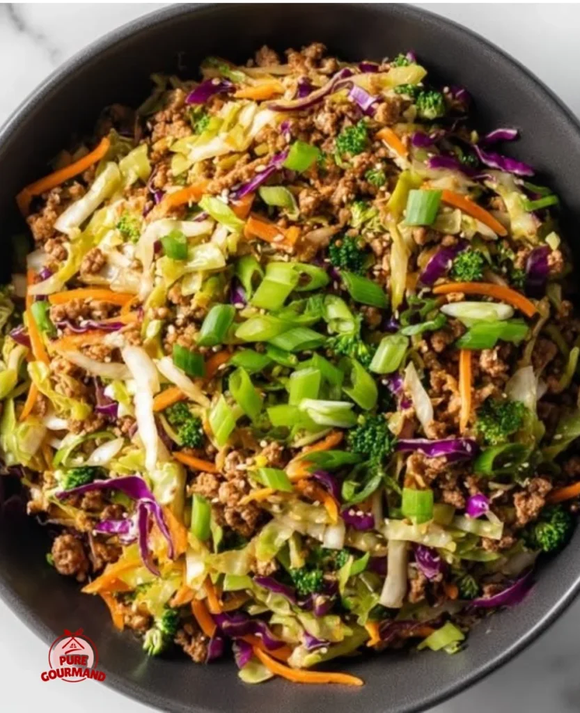 High protein egg roll bowl with fresh vegetables and savory sauce