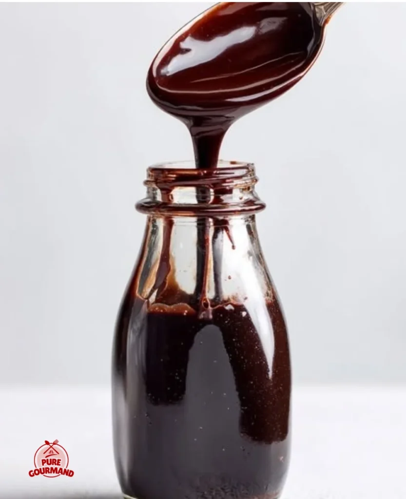 Homemade chocolate syrup in a glass jar, ready for desserts