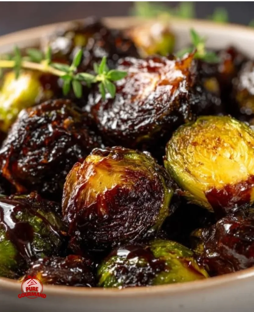 Crispy and caramelized honey balsamic Brussels sprouts on a plate
