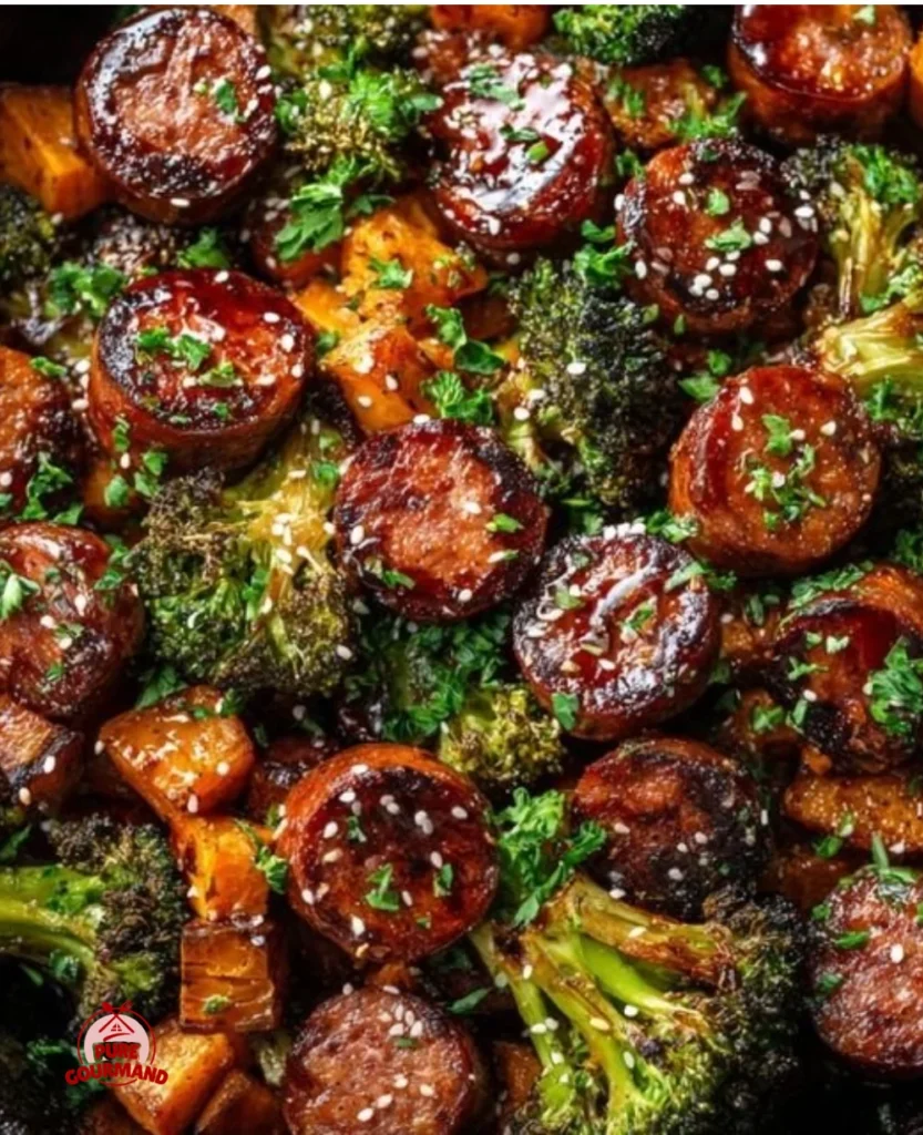 Honey Garlic Sausage and Sweet Potato Sheet Pan Dinner ready to serve