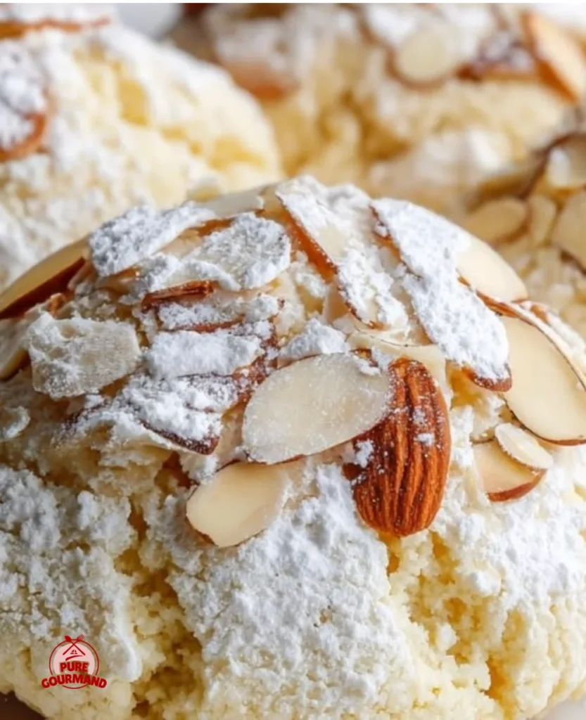 Plate of homemade Italian Almond Ricotta Cookies with almonds on top