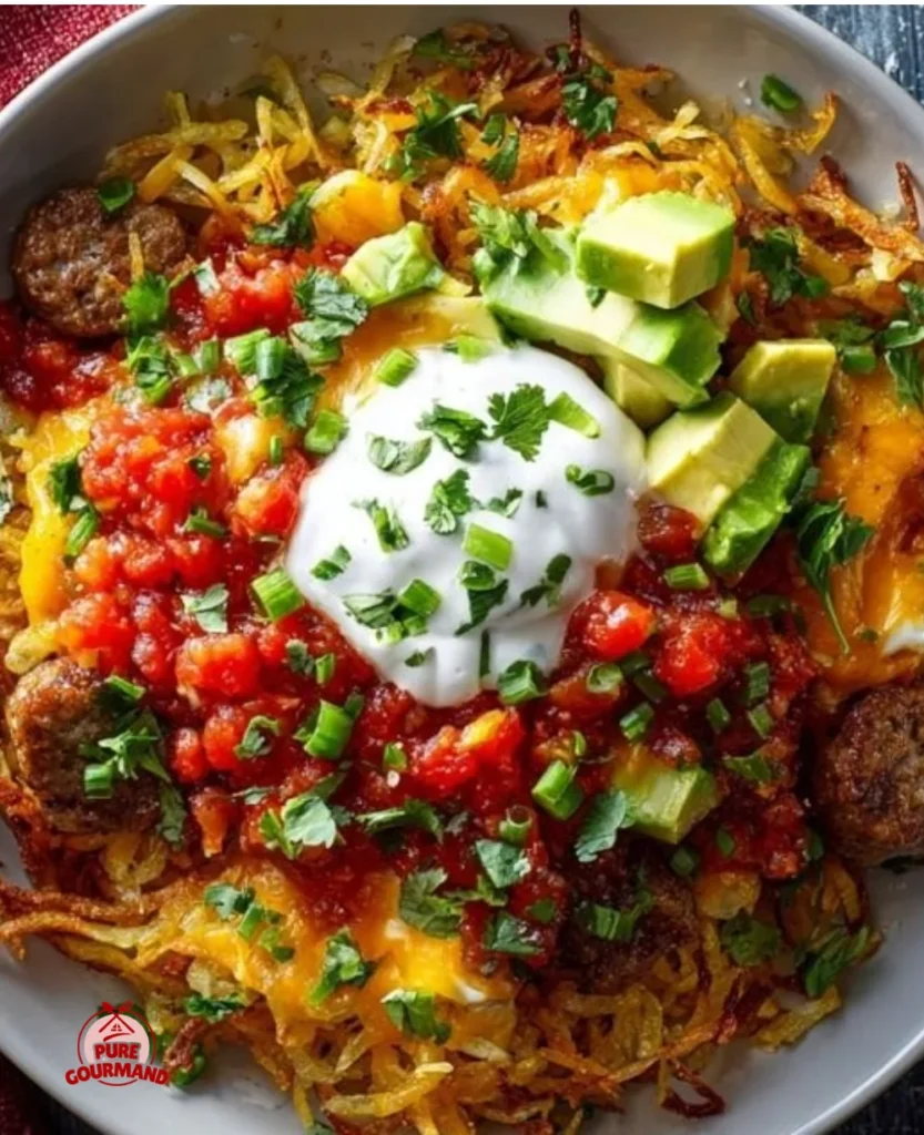 Delicious loaded hash brown breakfast bowls topped with eggs and cheese.
