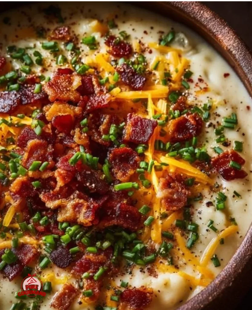 Bowl of creamy Loaded Potato Soup topped with bacon, cheese, and chives