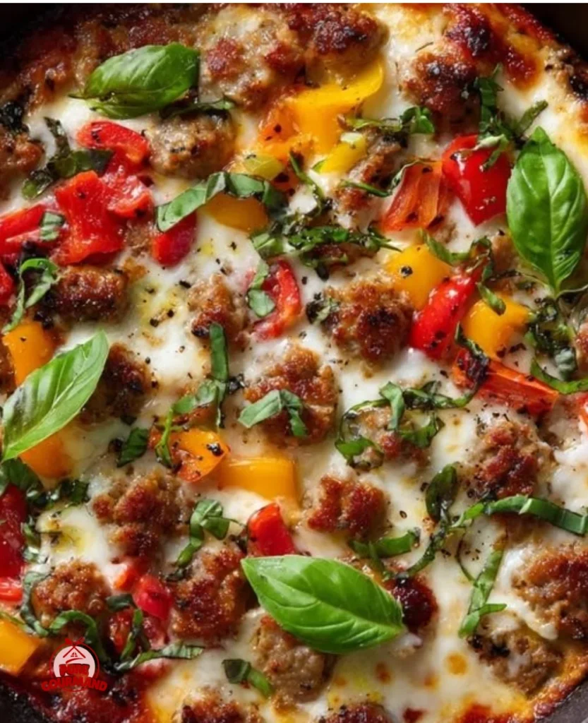 Delicious low carb pizza bowl topped with cheese and toppings, ready in 30 minutes