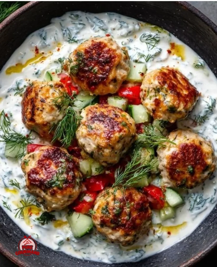 Plate of juicy Mediterranean chicken meatballs garnished with herbs