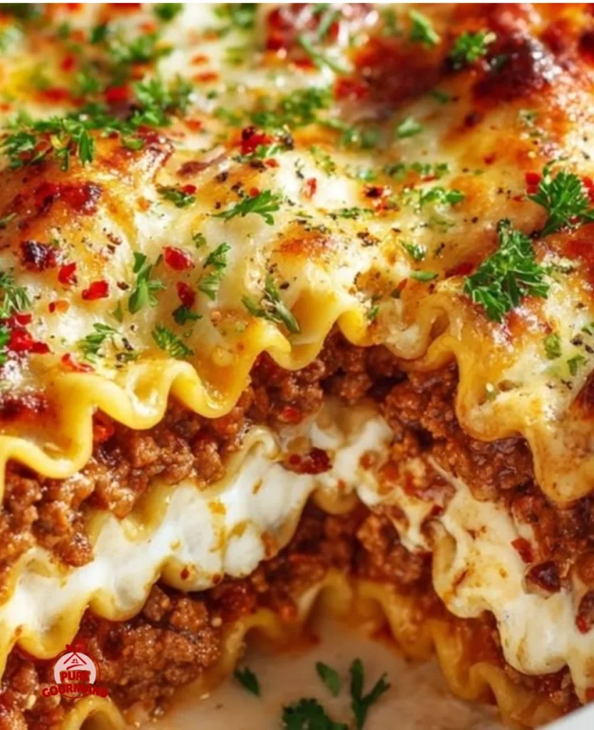Delicious million dollar Italian lasagna served on a plate with layers of pasta and cheese