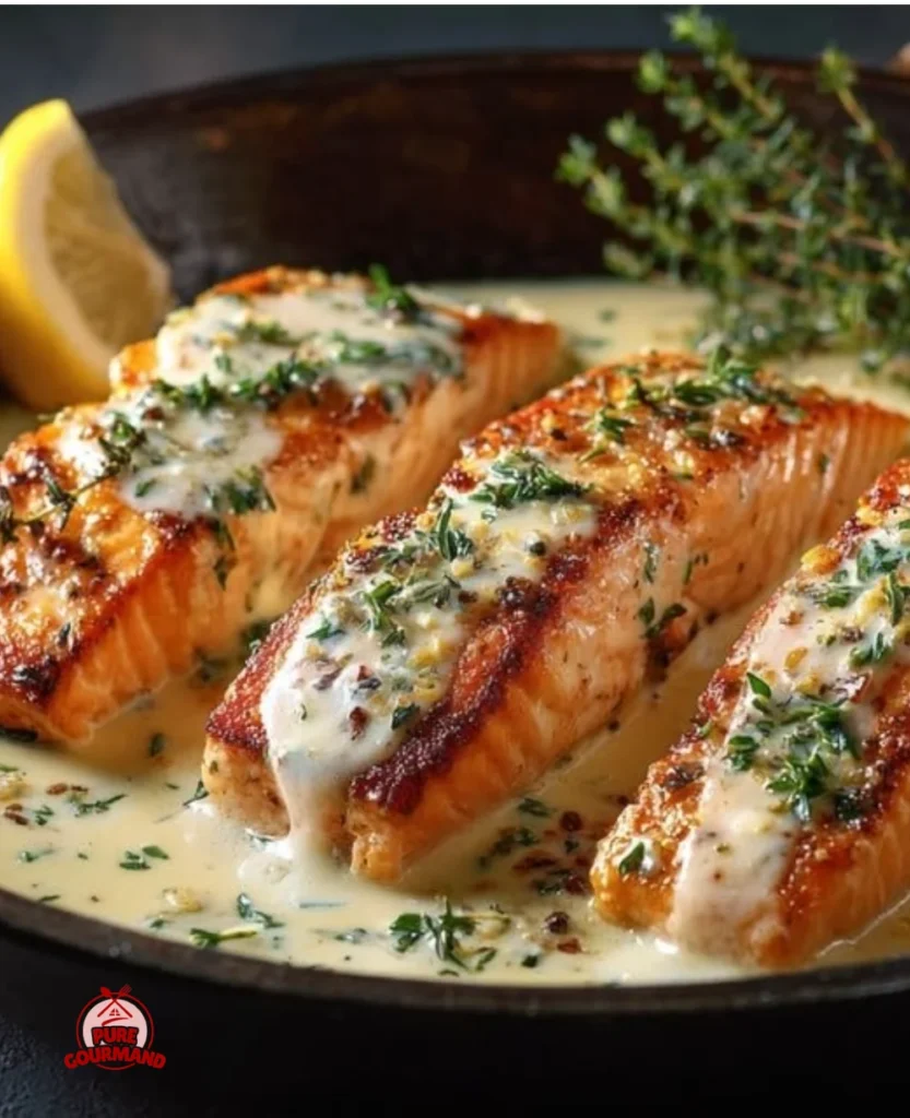 Crispy-skinned pan-seared salmon on a plate with lemon and herbs.