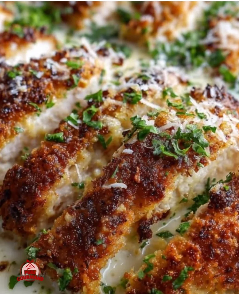 Delicious Parmesan Crusted Chicken in Garlic Cream Sauce with herbs on a plate.