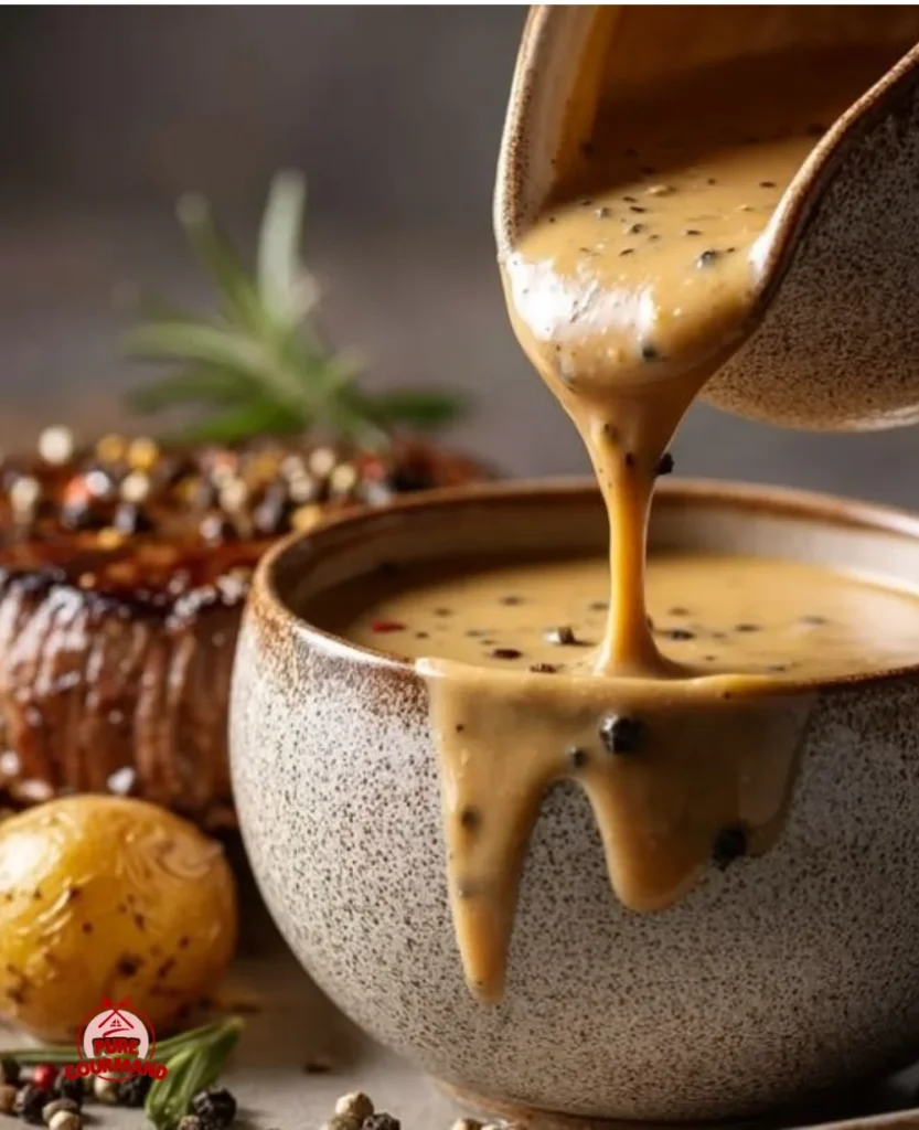 Delicious homemade peppercorn sauce served with steak