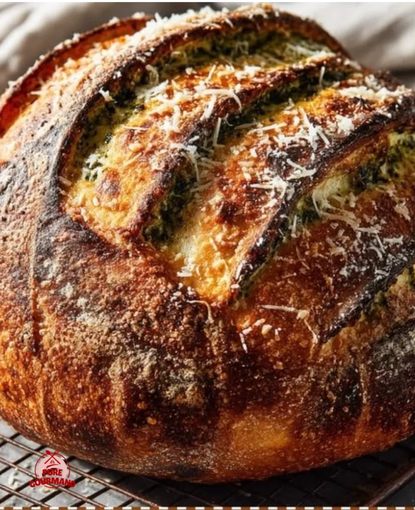 Slice of Pesto Parmesan Sourdough artisan bread with melted cheese and pesto