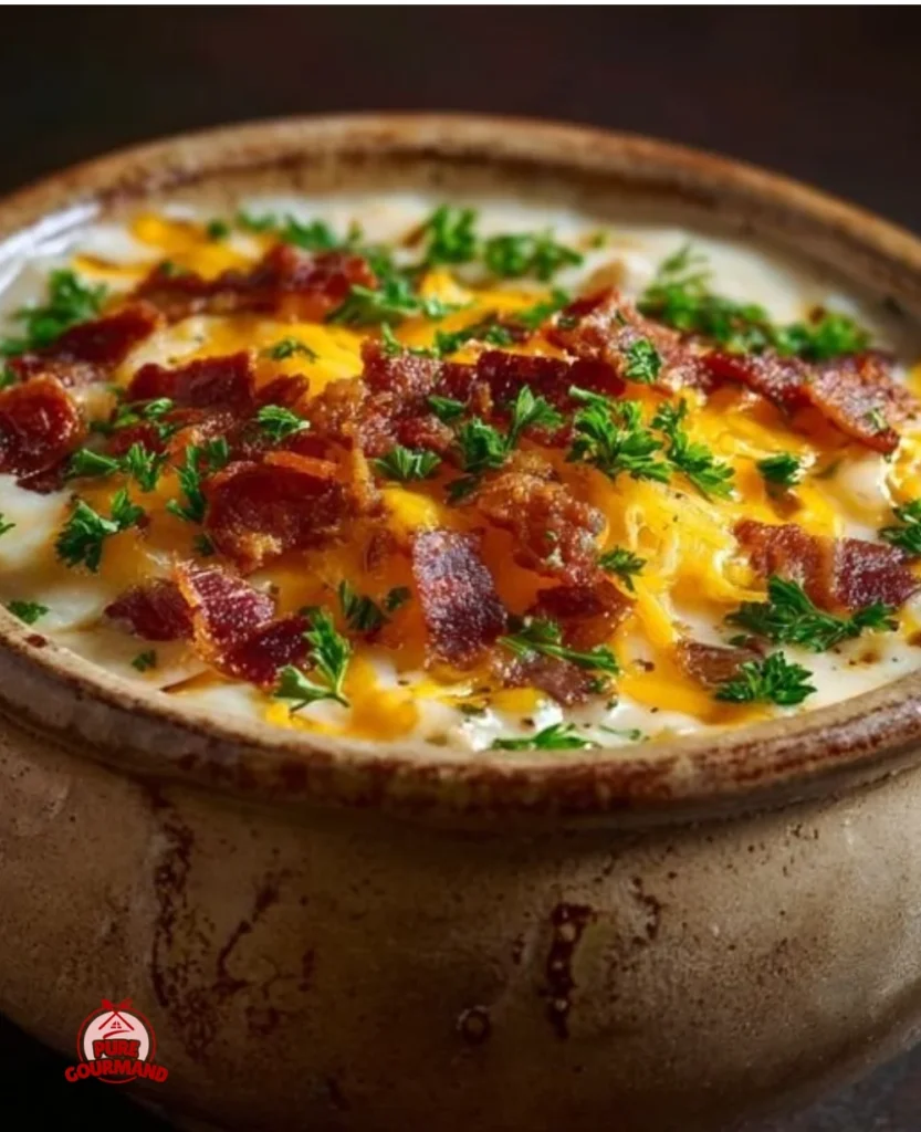Creamy Pioneer Woman potato soup served in a bowl, garnished with herbs.