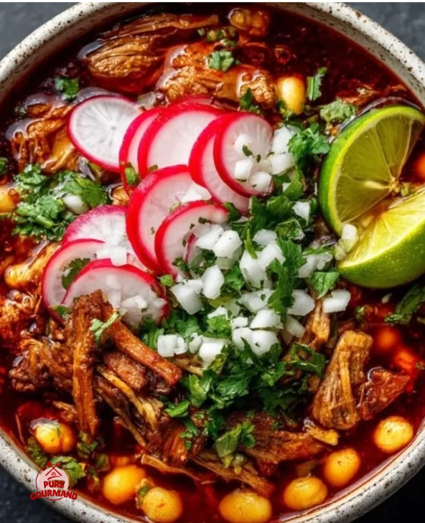 A bowl of authentic red pozole garnished with radishes and lime
