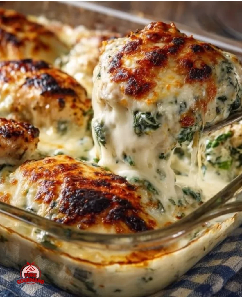 Creamy Spinach Artichoke Chicken Bake served in a dish with herbs on top.