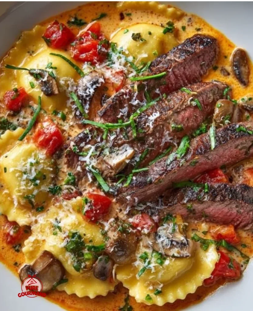 Steak and Ravioli served with creamy garlic herb sauce on a plate