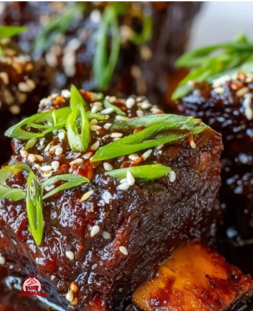 Sticky caramelized Asian beef short ribs garnished with herbs and sesame seeds